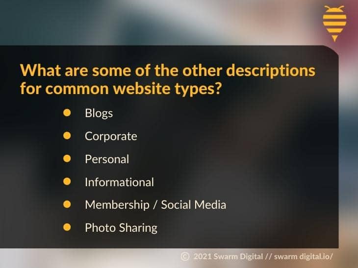 Callout 2- What are some of the other descriptions for common website types? with 6 bullet points on blurred background