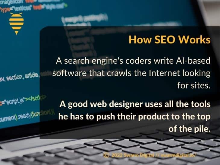 Callout 2: Close-up of HTML on laptop screen and keyboard - How SEO Works - search engine's coders write A1-based software