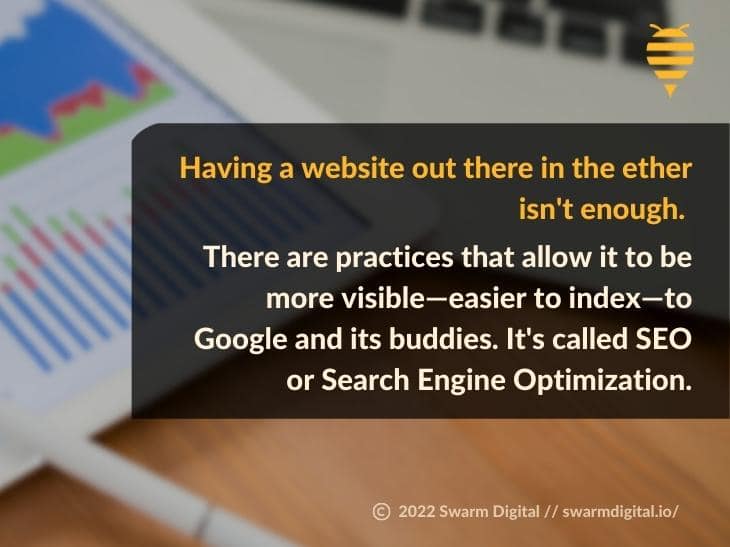 Callout 1: Computer screen open to SEO charts page - SEO makes your site more visible to search engines