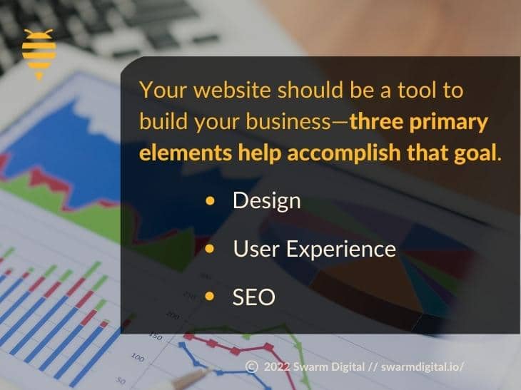 Callout 2: Tablet screen open to SEO charts - Three primary elements for website to build businesses - 3 bullets