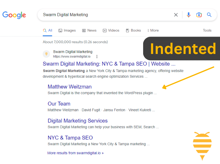 this image shows googles results page featuring indented web links related to Swarm Digital Marketing
