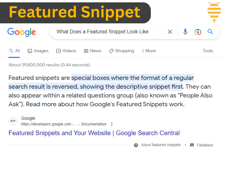 this image shows googles results page, explaining what a featured snippet is, in a featured snippet.