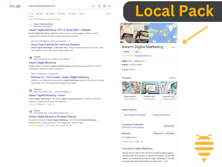 this image shows googles results page featuring Swarm Digital Marketing's Local Pack feature.