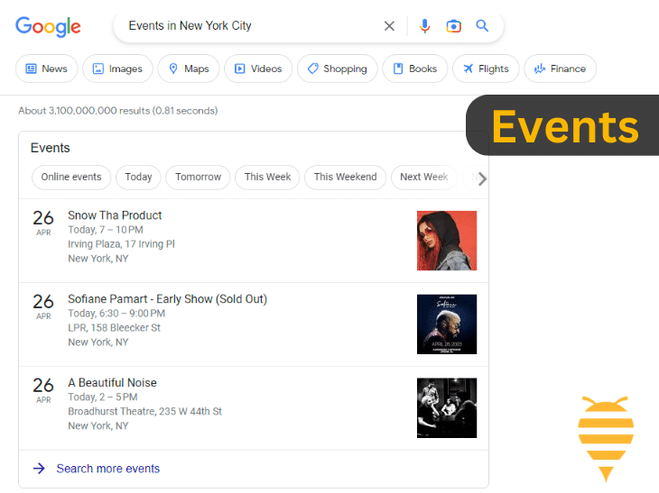 this image shows googles results page featuring the Events box