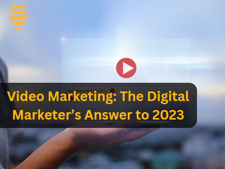 this graphic features a sky blue background with a womans holding a screen with a video play button. there is an overlay title " Video marketing: The digital marketer's answer to 2023"