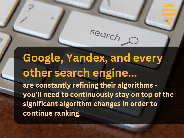 the image features a keyboard, emphasizing the search key, with overlay text describing why the yandex source code leak is useful.