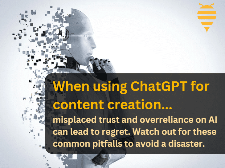 this graphic features an AI cyborg fading into the background with an abstract twist. The blocks are falling from the cyborg in white, grey, and black. There is an overlay title regarding Chatgpt for content creation and AI SEO -- do not over rely on it.