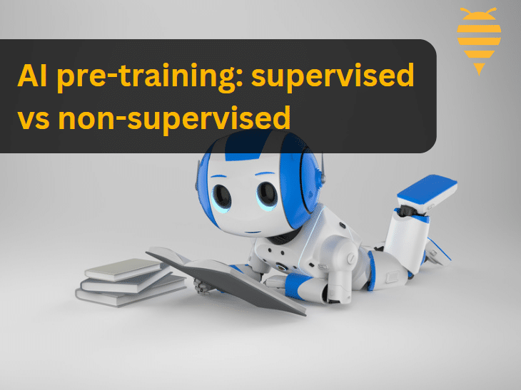 this graphic features a child like robot that is reading from a book, representing the concept and overlay title: supervised vs non-supervised AI pre training