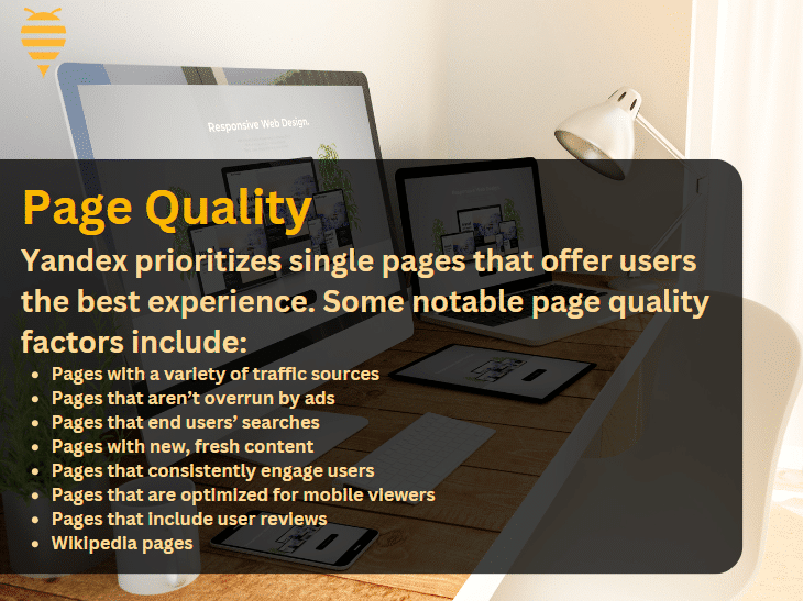 this image features a desktop with web design as the key focus, and an overlay discussing how the yandex source code leak has helped identify page quality ranking factors.