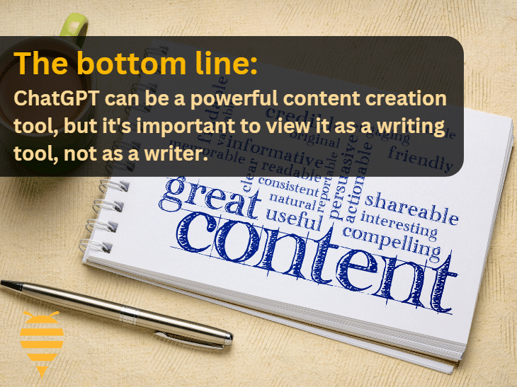 this graphic features a brainstorm of the necessary ingredients for great content. There is an overlay title regarding how ChatGPT can be used as a tool to do so.