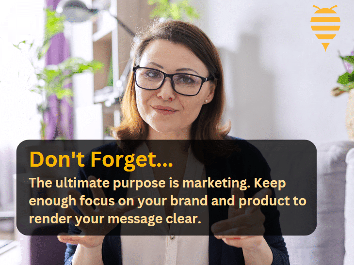 This graphic features a woman using hand signals to bring emphasis to not forgetting the ultimate purpose marketing - creating conversions
