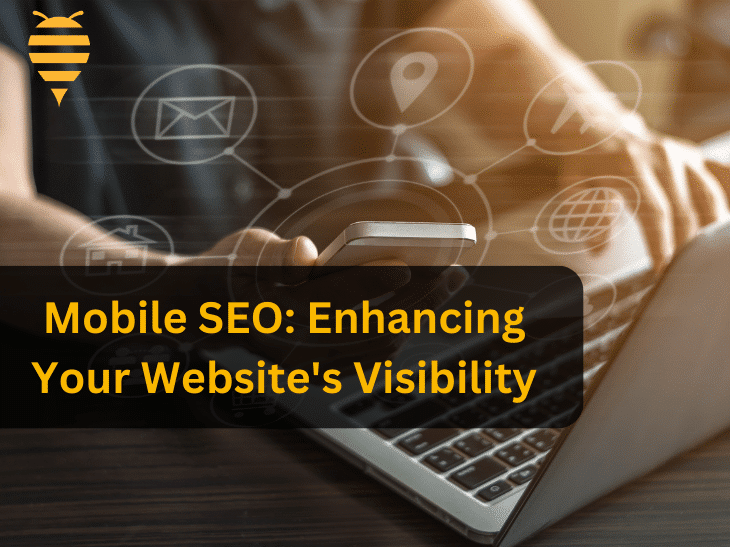 this graphic features a man at his laptop, using his phone instead to search - putting emphasis on the title; Mobile SEO: Enhancing your website's visibility. in the top left is the swarm digital marketing logo.