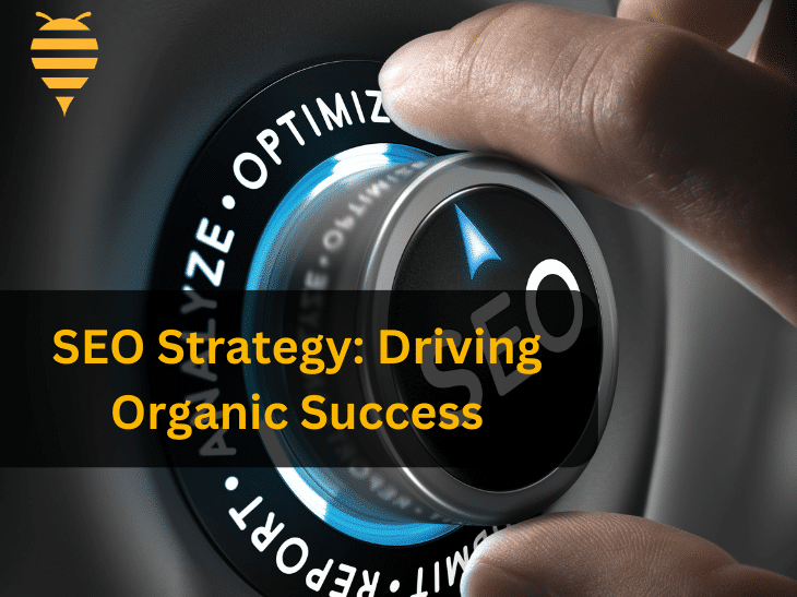 this graphic features a dial, with the term SEO engraved in it in white, being turned to the option optimize. There is overlay text detailing; SEO strategy is the key to driving organic success. In the top left is the swarm digital marketing logo.