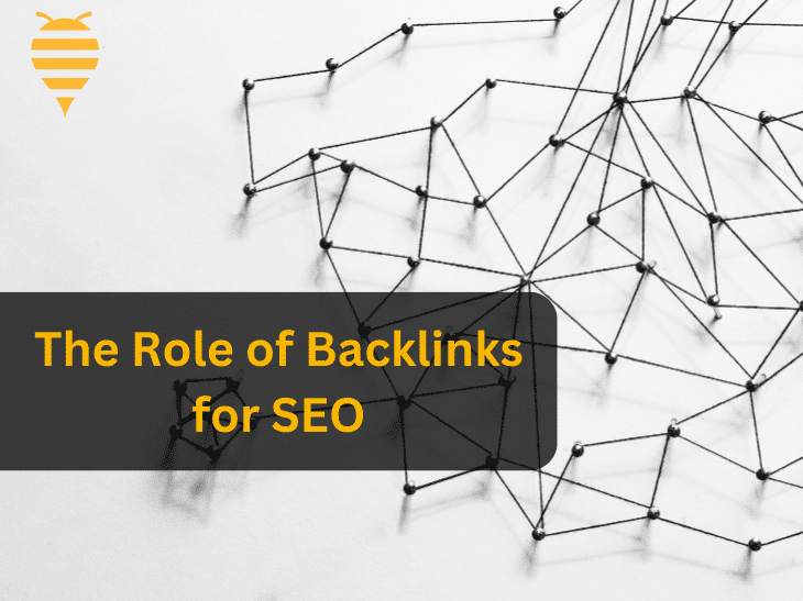 this graphic features a white background with many dots connected by lines, creating a linking pattern. These connections highlight the overlay text: The role of backlinks for SEO. In the top left is the swarm digital marketing.