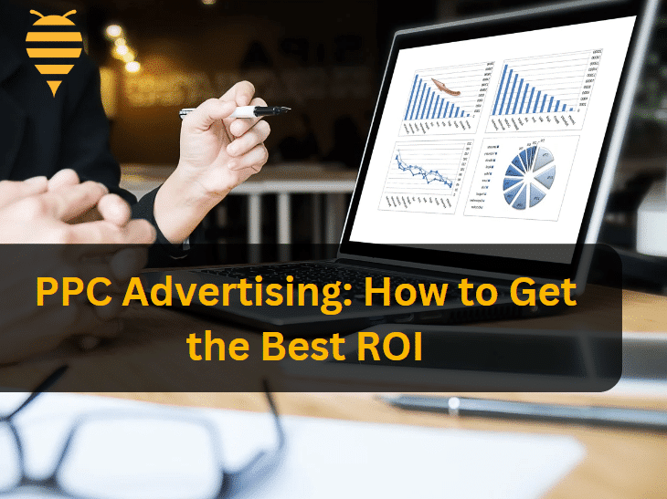 this graphic features a a man and a woman discussing metrics of a Pay Per Click (PPC) campaign on a laptop. There is overlay text; PPC Advertising: How to Get the Best ROI. There is also the Swarm Digital Marketing logo in the top left.