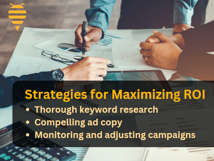 this graphic features a marketing team discussing Pay Per Click (PPC) strategies for maximizing Return on Investment (ROI). There is overlay text detailing key components of a good PPC strategy.