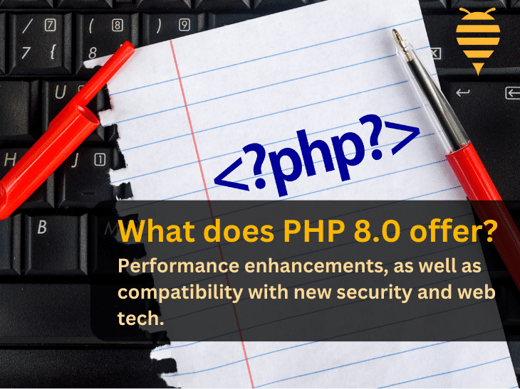 this graphic features a sheet of paper with php written in blue on it. There is overlay text describing what PHP 8.0 can offer for your website. In the top right is the Swarm Digital Marketing Logo