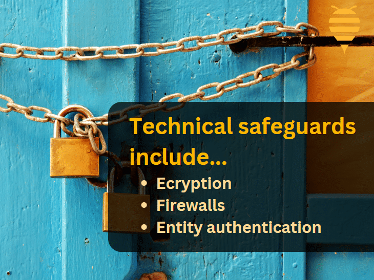 this graphic features a blue wooden door locked by a chain and gold lock. There is overlay text detailing technical safeguards in regard to HIPAA.