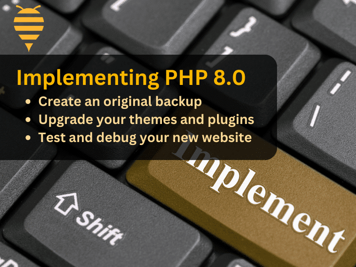 This graphic features a keyboard with the enter key swapped for an 'implement key', which adds emphasis to the overlay text. The overlay text depicts some routine practices for upgrading to php 8.0 for a website. In the top left of the graphic is the Swarm Digital Marketing logo.
