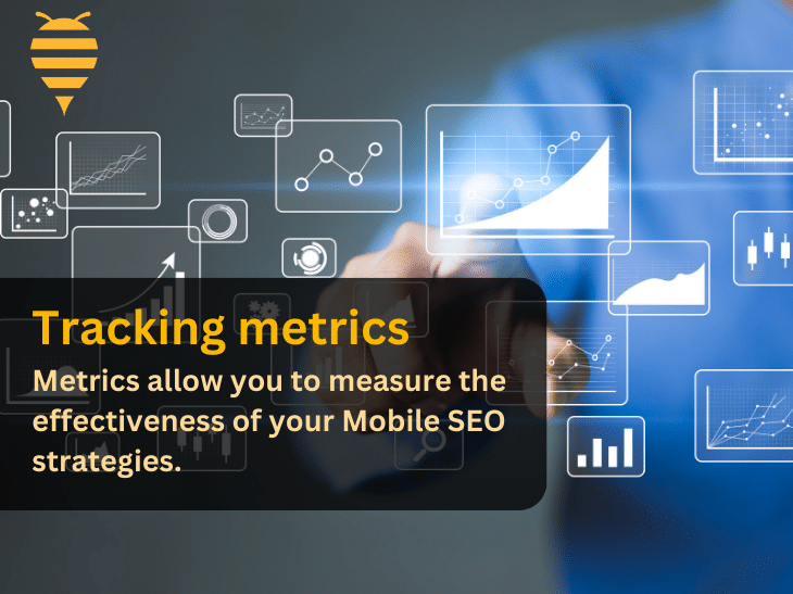 This graphic features a man using AR to look at various metrics necessary for SEO. There is overlay text detailing the importance of tracking metrics for SEO strategies. In the top left is the swarm digital marketing logo.