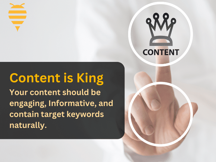 this graphic features a man pressing an icon that is depicted with a crown, and the term content underneath, both in black, in a white circle. There is overlay text describing that content is king. In the top left is the swarm digital marketing logo.