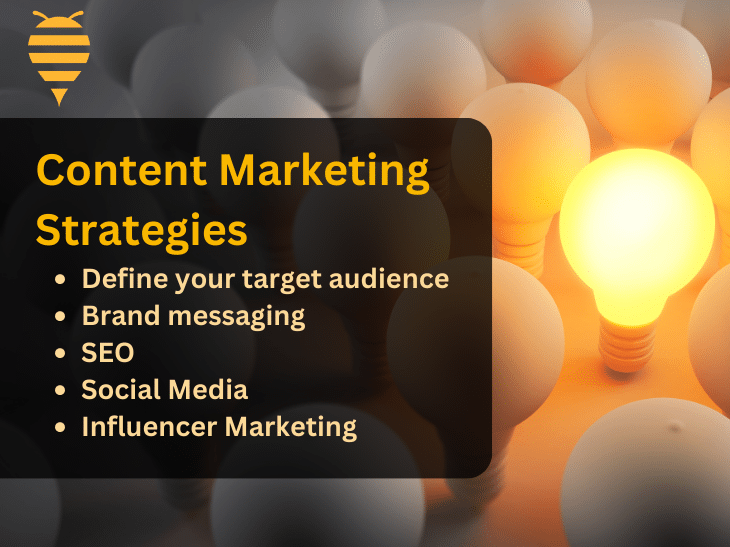 this graphic features a background of lightbulbs, with only one lightbulb glowing yellow; highlighting the importance of content marketing for standing out from the crowd. There is overlay text displaying various content marketing strategies. In the top left is the swarm digital marketing logo.