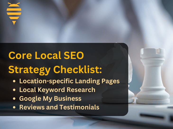 this graphic features a laptop with white chess pieces sitting on its keyboard. This adds emphasis to the overlay text that is describing the essentials of a local seo strategy checklist. In the top left is the swarm digital marketing logo.
