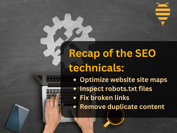this graphic features a man working at his laptop. There is a gray settings icon, highlighting the technicalities of SEO. There is overlay text detailing these technicalities. In the top right is the swarm digital marketing logo.