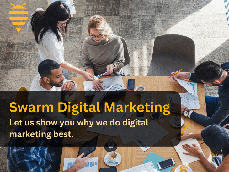 This graphic features a digital marketing team reviewing client SEO reports at a desk in an office. There is overlay text highlighting that you should get in touch with Swarm digital marketing for the best service. In the top left is the swarm digital marketing logo.