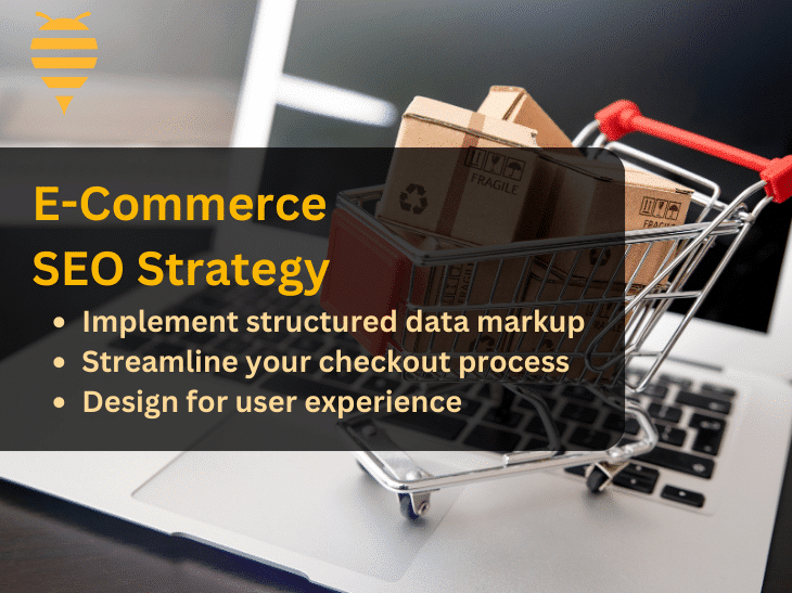 This graphic features a mini shopping trolley on a laptop keyboard, creating emphasis to the overlay text that highlights the improtance of E-commerce SEO strategies.