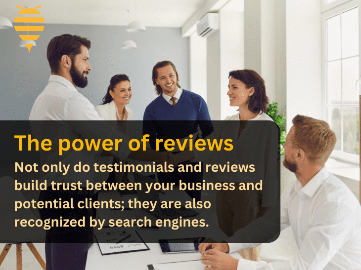 this graphic features a full marketing team in a modern white office discussing the power of reviews for a website. There is overlay text highlighting that reviews build trust between your business and potential clients, as well as being recognized by search engines. In the top left is the swarm digital marketing logo.