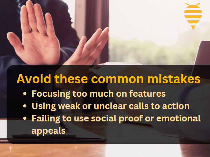 this graphic features a man hand gesturing no. There is overlay text highlighting the importance of avoiding common mistakes in creating content, such as using unclear calls to action.