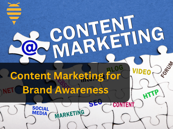 this graphic features a blue background with a jig saw puzzle containing all the essentials for content marketing. There is overlay text highlighting content marketing for brand awareness. In the top left is the swarm digital marketing logo.