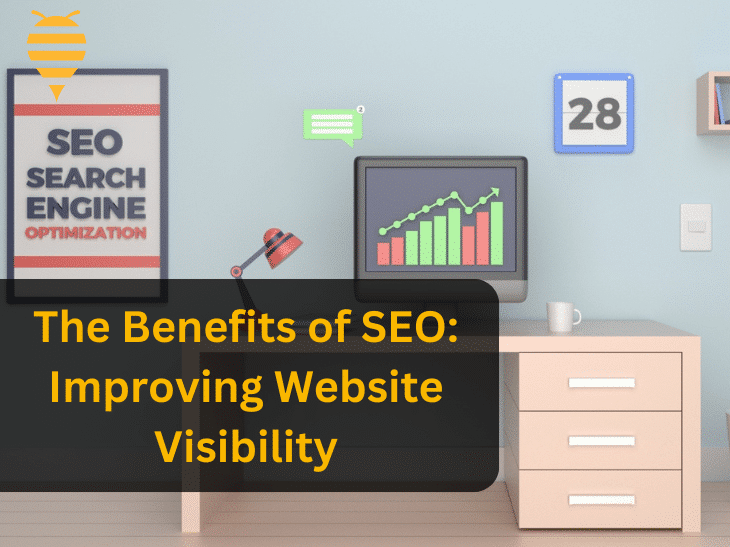 This graphic features an animated background of a poster labelled with 'Search Engine Optimization' next to a table supporting a desktop with a bar chart on the screen. There is a green arrow pointing upwards, symbolizing the results of SEO. There is overlay text highlighting the benefits of SEO: improving website visibility. In the top left is the swarm digital marketing logo.