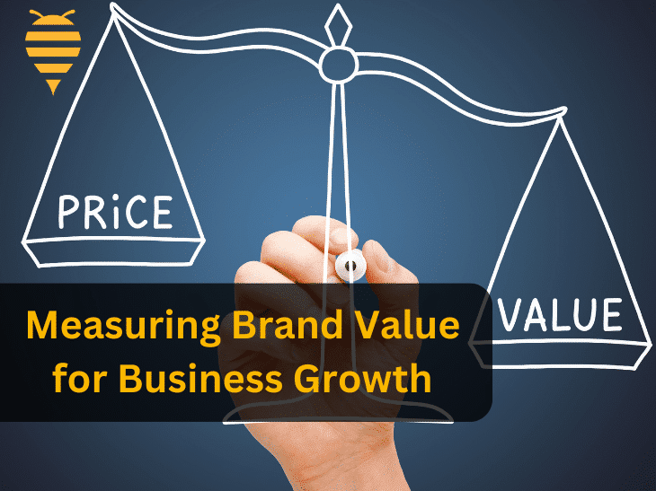 This graphic features a white animated weighing scales on a dark blue background. On one side of the scales is value, whereas on the other side there is price. This image illustrates that the more valued your brand is, the more you can charge for your product or service. There is overlay text highlighting that you should be measuring brand value for business growth. In the top left is the swarm digital marketing logo.