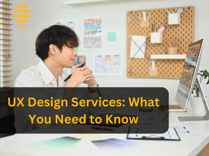 This graphic features a member of UX design services, evaluating and designing a website. He is working at a desktop, and using color templates that are spread out on his desk. There is overlay text highlighting what you need to know about UX design services. In the top left is the swarm digital marketing logo.