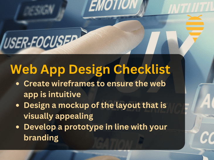 This graphic features multiple square icons displaying important focuses of a web application developer relating to user experience. There is overlay text detailing a web app design checklist: create wire frames to ensure the web app is intuitive, design a mockup of the layout that is visually appealing, develop a prototype in line with your branding. The swarm digital marketing logo is in the top right.