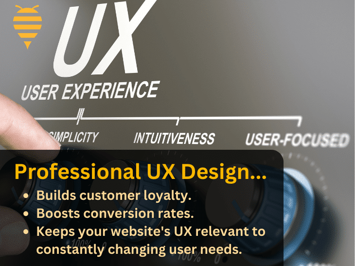 This graphic features abstract knobs associated with simplicity, intuitiveness, and user-focused - all key aspects of user experience. There is overlay text explaining that professional UX design services builds customer loyalty, boosts conversion rates, and keeps your website's UX relevant to constantly changing user needs. In the top left is the swarm digital marketing logo.