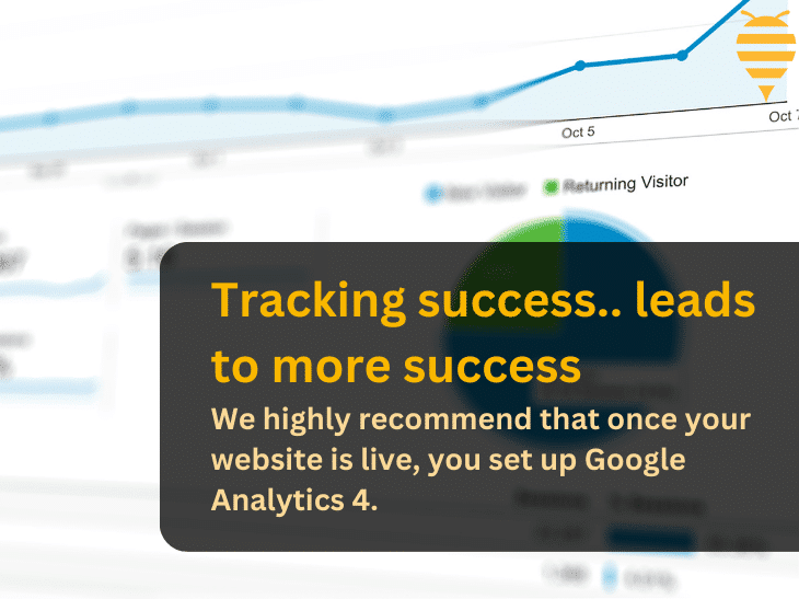 This graphic displays an SEO report, with emphasis on a pie chart visualizing new vistors and returning visitors in blue and green respectively. There is overlay text highlighting that tracking success, leads to more success, and that it is highly recommended to set up google analytics 4 once your website is live. In the top right is the swarm digital marketing logo.
