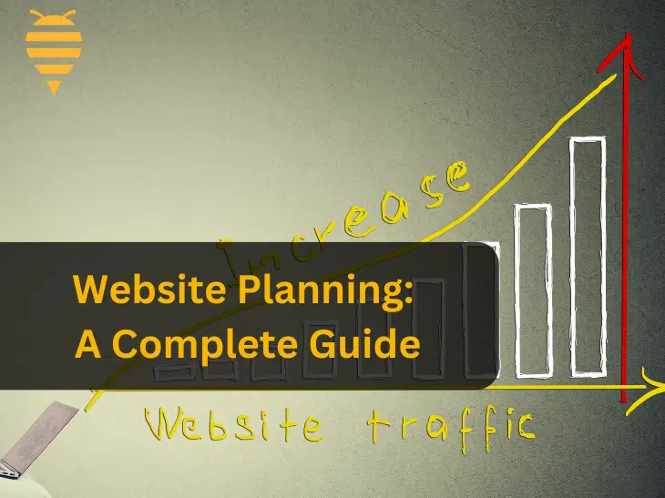 This graphic features a bar chart illustrating that website traffic increases when a website plan is used. There is overlay text highlighting a complete guide to website planning. In the top left is the swarm digital marketing logo.