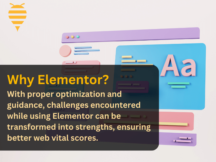 This graphic features an animated web page hologram, on a cream background. There is overlay text explaining why you should use elementor for website design, as it can be optimized to improve website performance. In the top left is the swarm digital marketing logo.