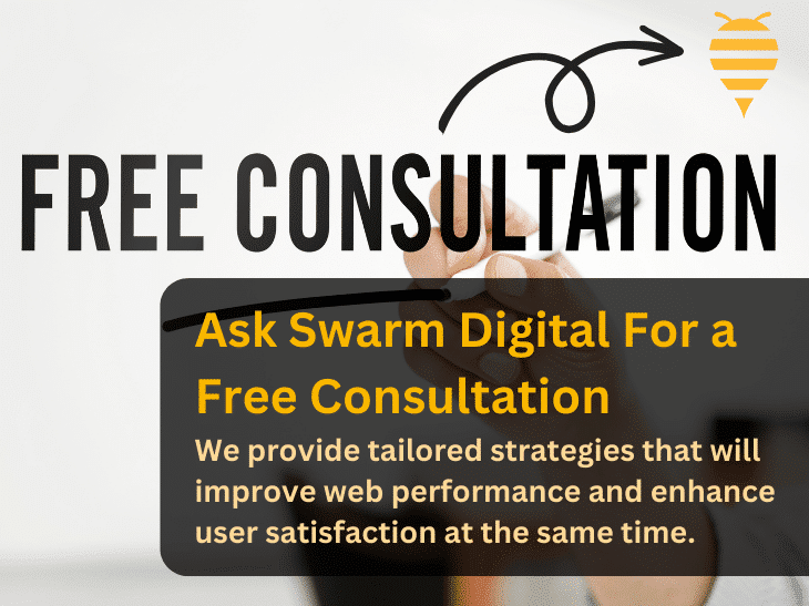 This graphic features a man writing Free Consultation with a black marker on a see-through whiteboard - there is also an arrow pointing to the swarm digital marketing logo in the top right. There is overlay text detailing that Swarm digital marketing provides tailored strategies to clients.